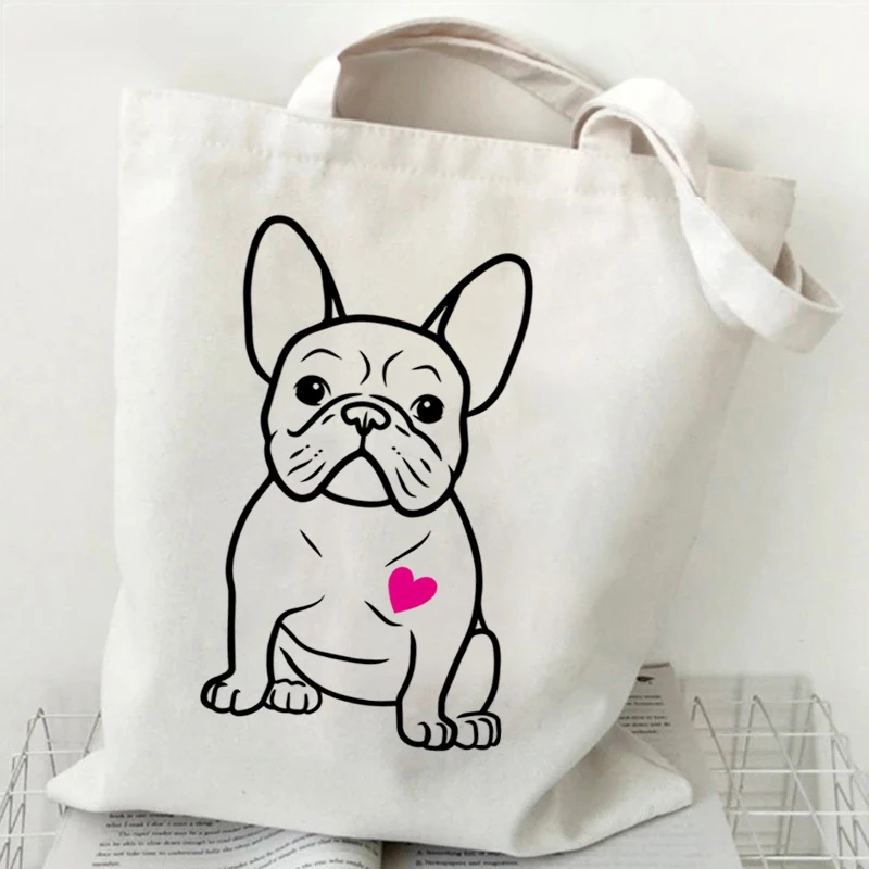 French Bulldog Heart Print Women's Handbags Animals Lover Design Canvas Shopping Bag Women French Bulldog Reusable Shoulder Bag