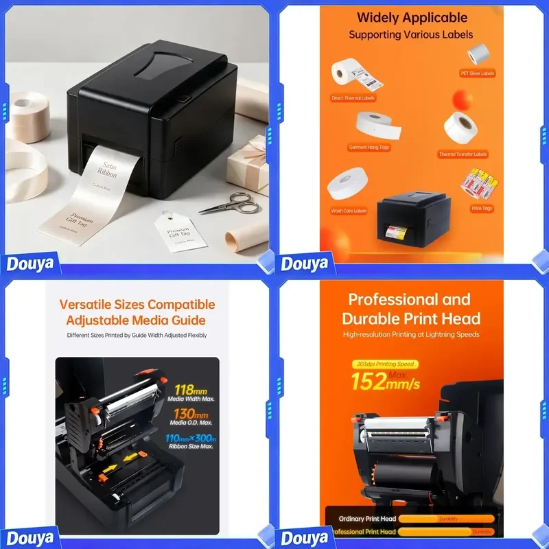 Industrial Thermal Transfer Label Printer 203-600Dpi Desktop Garment Labels Printer Satin Ribbon Printer with Cutter