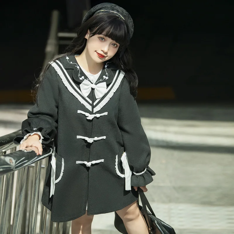 Lolita Long Winter Coats Girls Kawaii Overcoat Women Princess Black Jacket Sweet Japanese Harajuku Cosplay Costume Outwears