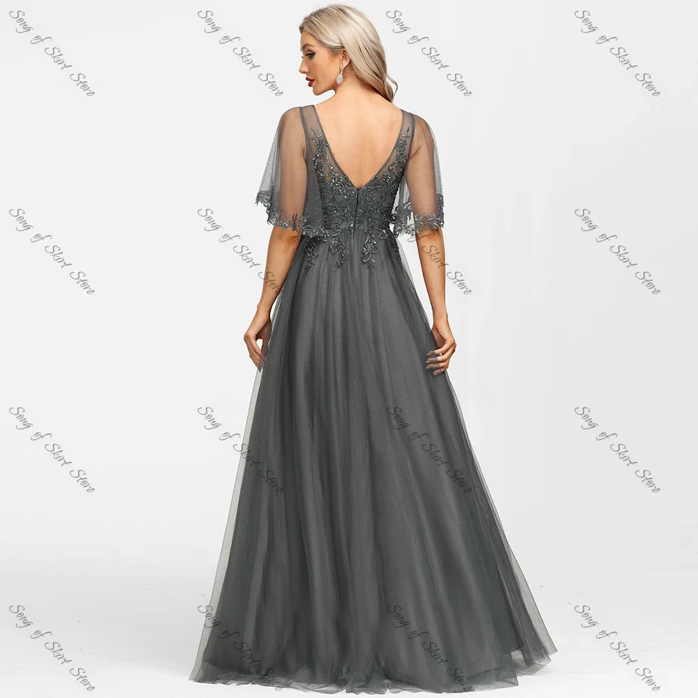 Simple V-Neck A-Line Prom Gown Lace Appliques Tulle Ruffles Sleeve Floor-Length Evening Dresses Gray Mother Of The Bride Dress