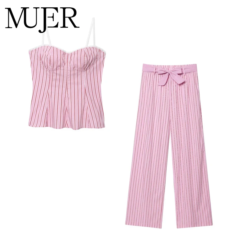 MUJER Gestreifte Damenhose Zweiteiliges Set Sommer Hohe Taille Hose Damen Outfit Rosa Rückenfreies Top Damen Schleife Lässige Damenhose