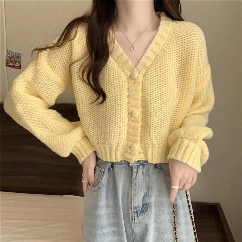 Cropped Boxy Button-Up Cardigan Sweater Women\'s Long Sleeve Plain Knitted Jacket Teen-girl Fall Winter Y2K 90s Outfit