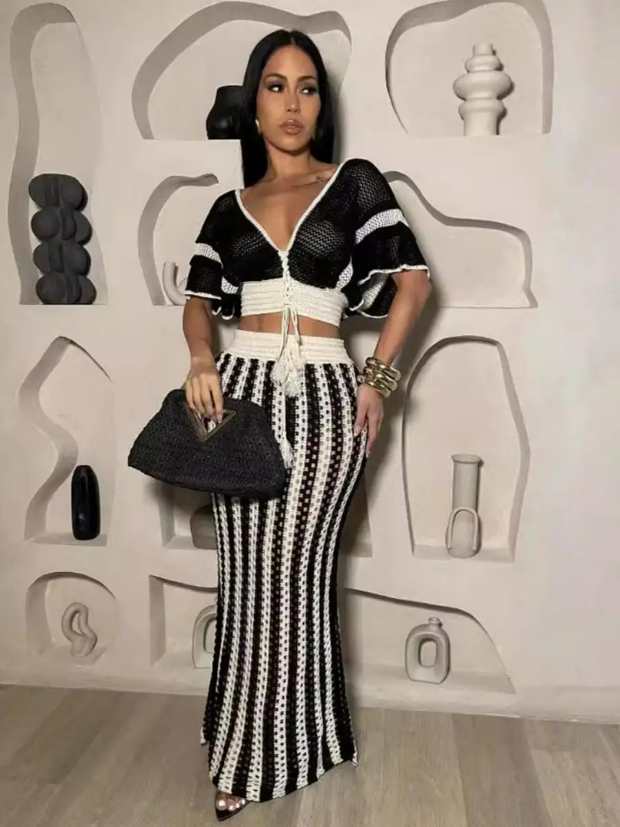 

Summer New Sexy V-Neck Hollow out Striped Knitted Long Dress Set Women's Fashionable Ensemble Hollow out Design Conjures up E...