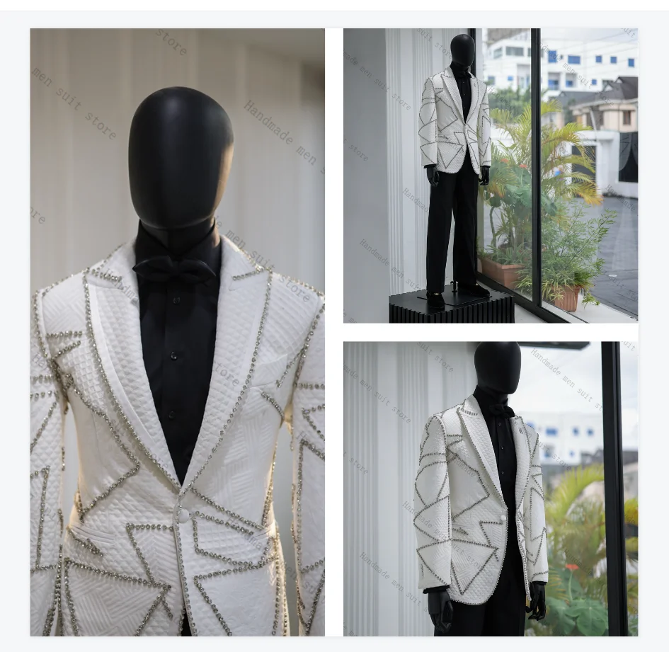 

White Plaid Men Suits 2 Piece Blazer+Pants Luxury Stone Crystals Wedding Tuxedo Coat Customized Formal Office Jacket Trousers