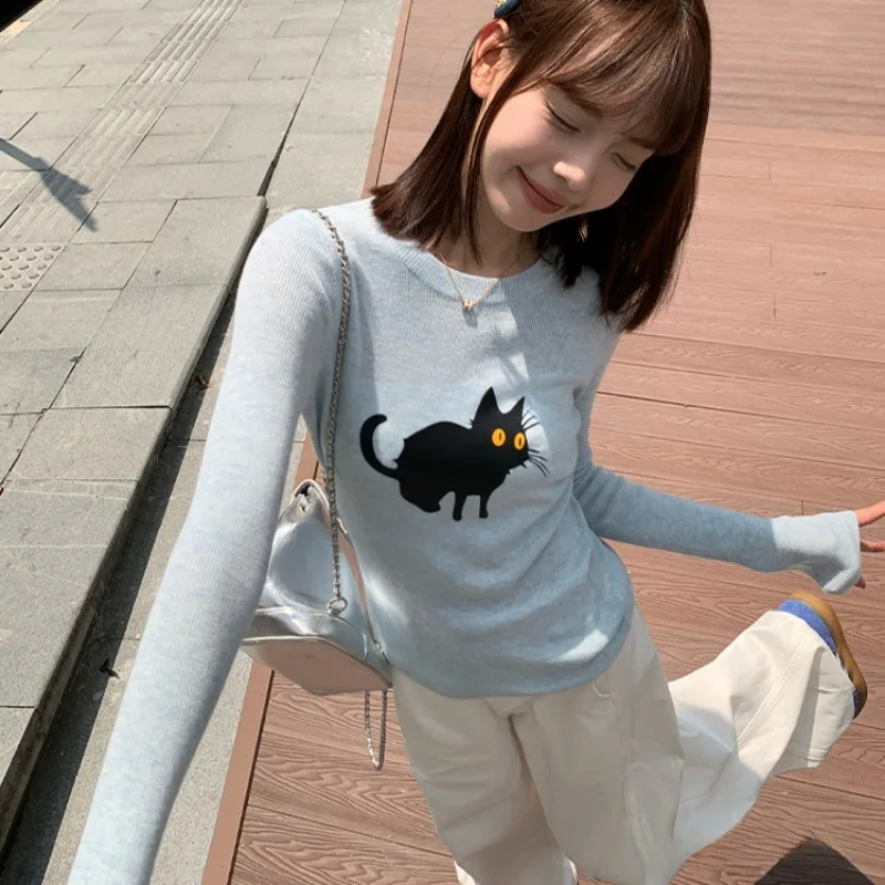 T-shirt da donna a maniche lunghe o-collo lavorato a maglia top sottili stampati Kawaii dimagranti moda coreana High Street Leisure All-match autunno