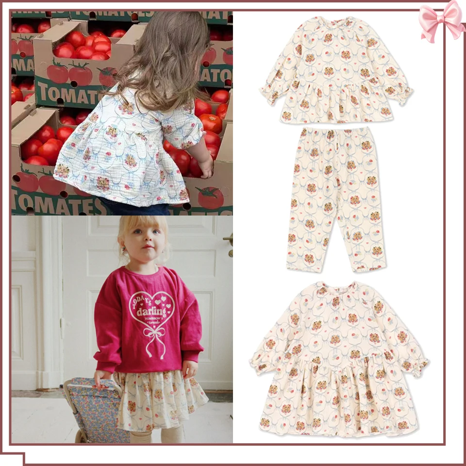 

2025 Autumn Toddler Girls Soft Cartoon Dogs Dress Homewear KS Kids Cute Gauze Long Sleeved Tops Shirt Pants Children Clothes Set