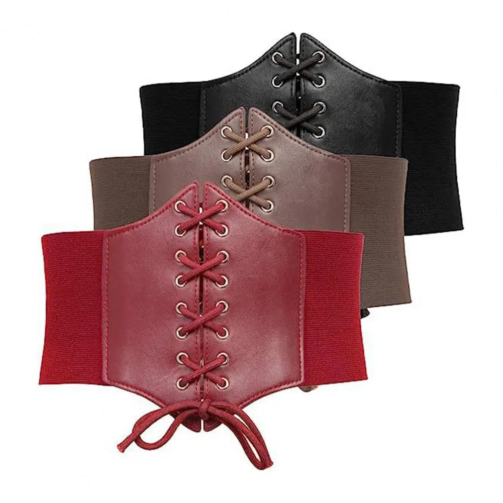 

Women Corset Elastic Waistband Lace-up Wide Belt Solid Color Imitation Leather Outfits Dresses Tops Waist Cincher 코르셋 벨트