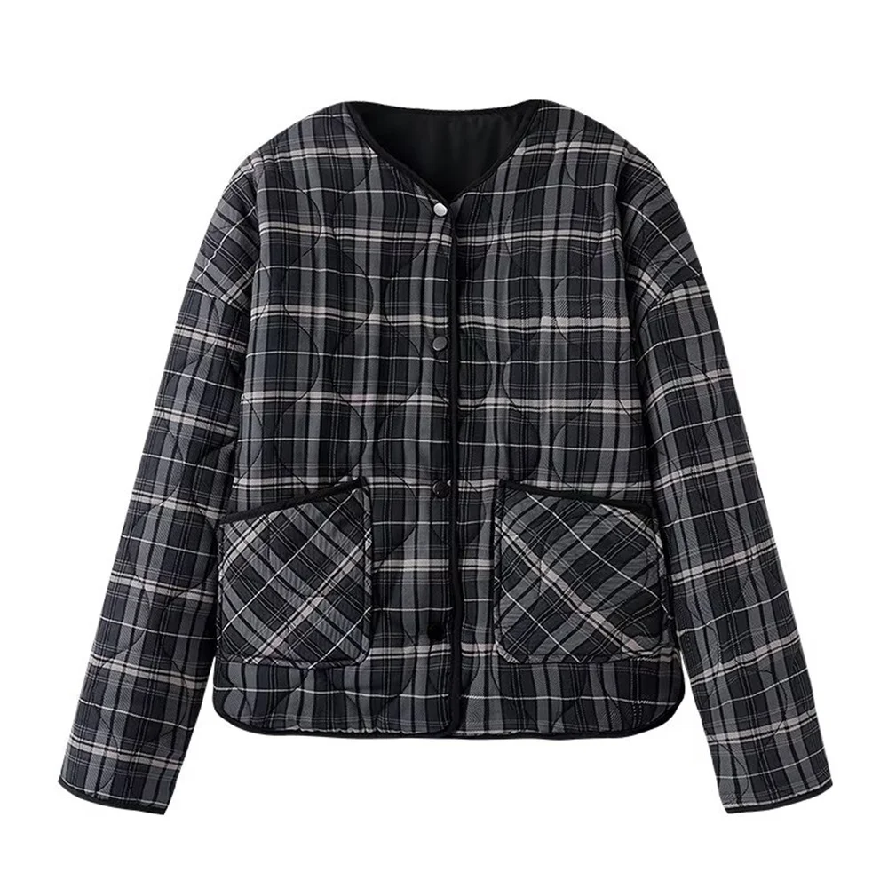 UNIZARA Women's Autumn/Winter New Style Single breasted Button Decorative Checkered Long Sleeve Versatile Cotton Jacket