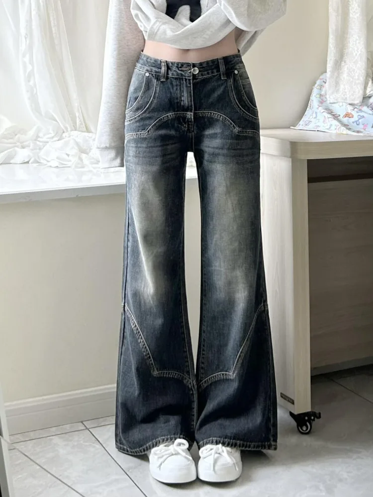 

Retro Blue High Waist Slimming Flared Denim Jeans Women's Deconstructed Design Knife Bootcut Pants High Street Vibe Stra...