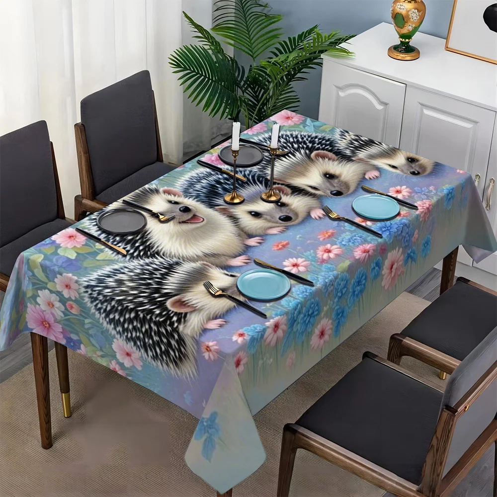 1pc 2D Flat Five Cute Hedgehogs Colorful Floral Background Printed Tablecloth, Decorative Table Cover for Dining Table