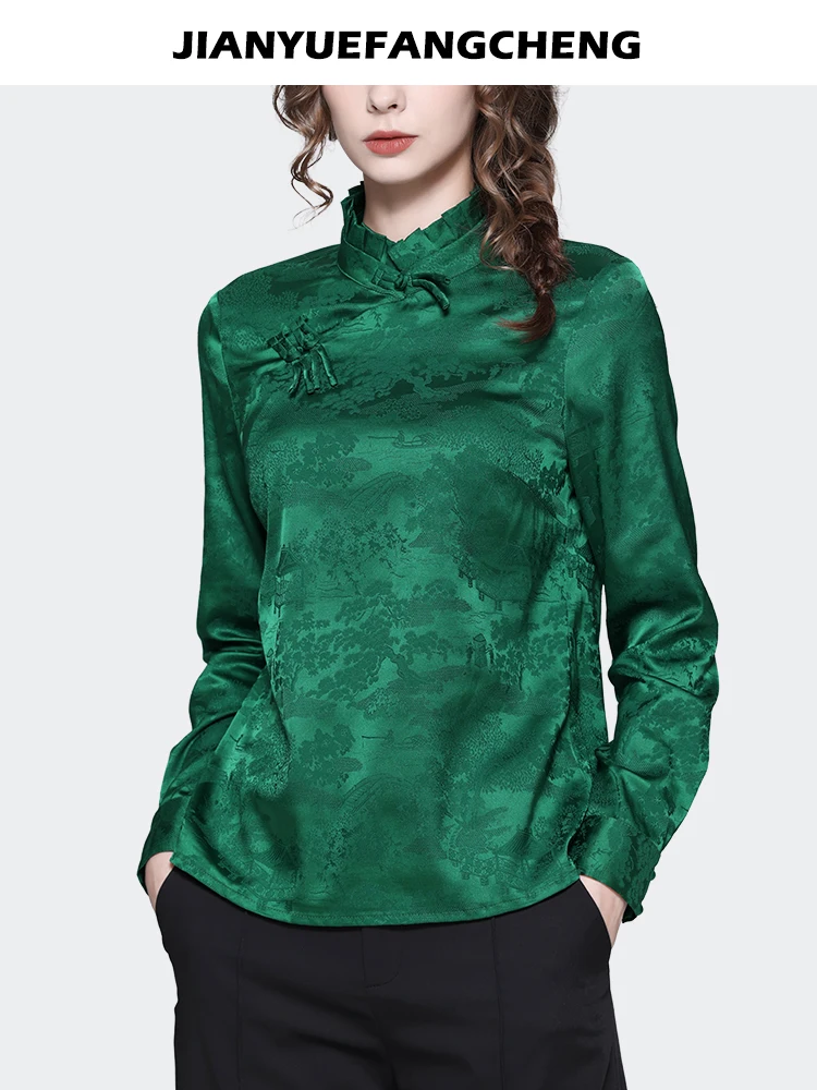 Vintage Chinese Style Women Long Sleeve Turtleneck Jacquard Blouse Green Loose Casual Spring Summer Tops Female Shirts