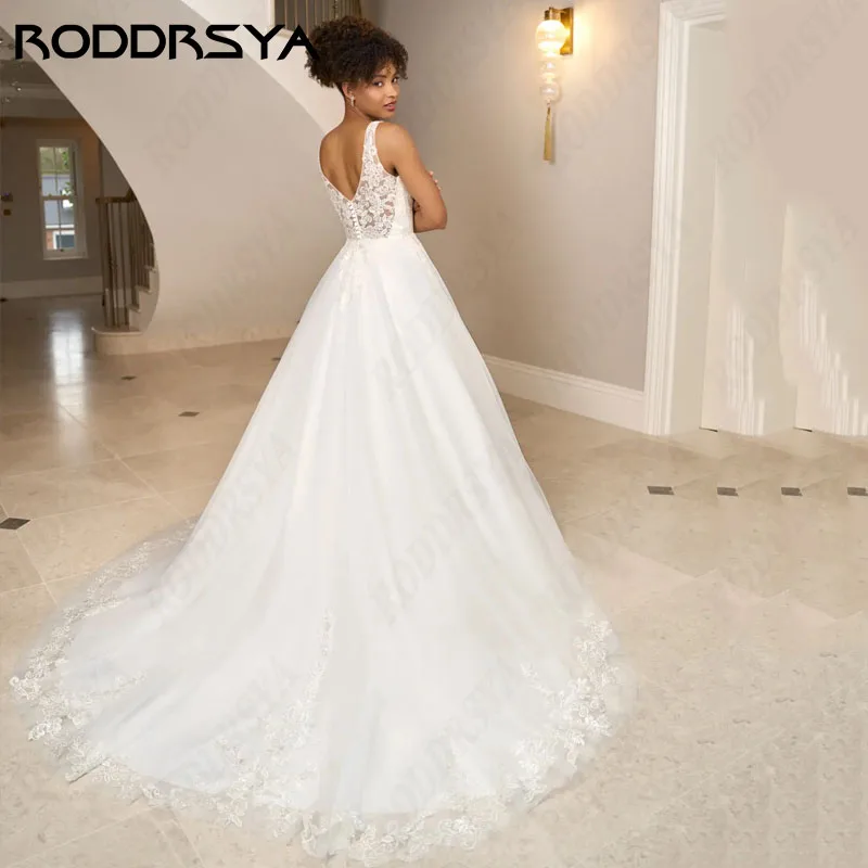 Roddrsya Elfenbein Brautkleider für Frau elegante ärmellose Tüll Brautkleid Illusion Spitze rücken freie Vestidos de Novias 2024 Elfenbein Brautkleid 2024 Braut Elegante Ärmellose Tüll Brautkleid Illusion Spitze Rücken