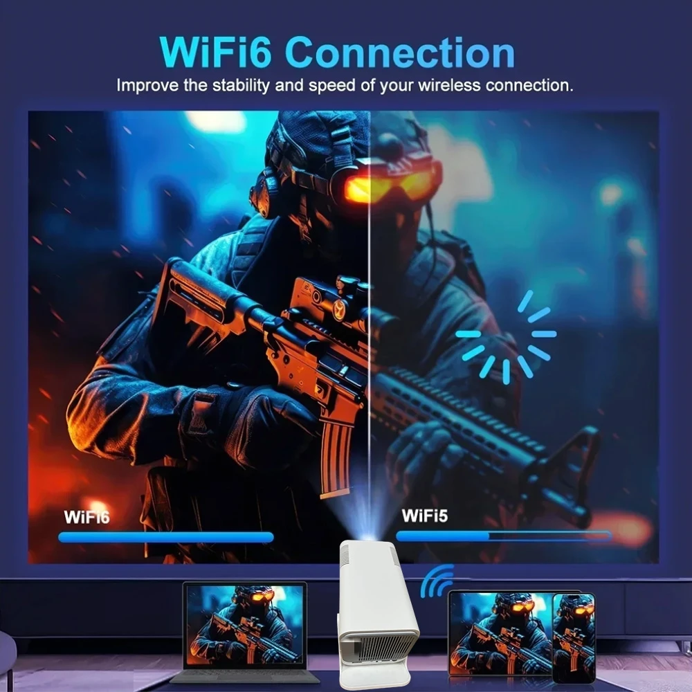 Proiettore portatile nativo 1080P 390ANSI 4K Supporta Android 11 180 °   Girevole Dual Wifi6 Wireless 5.0 per ufficio e uso domestico