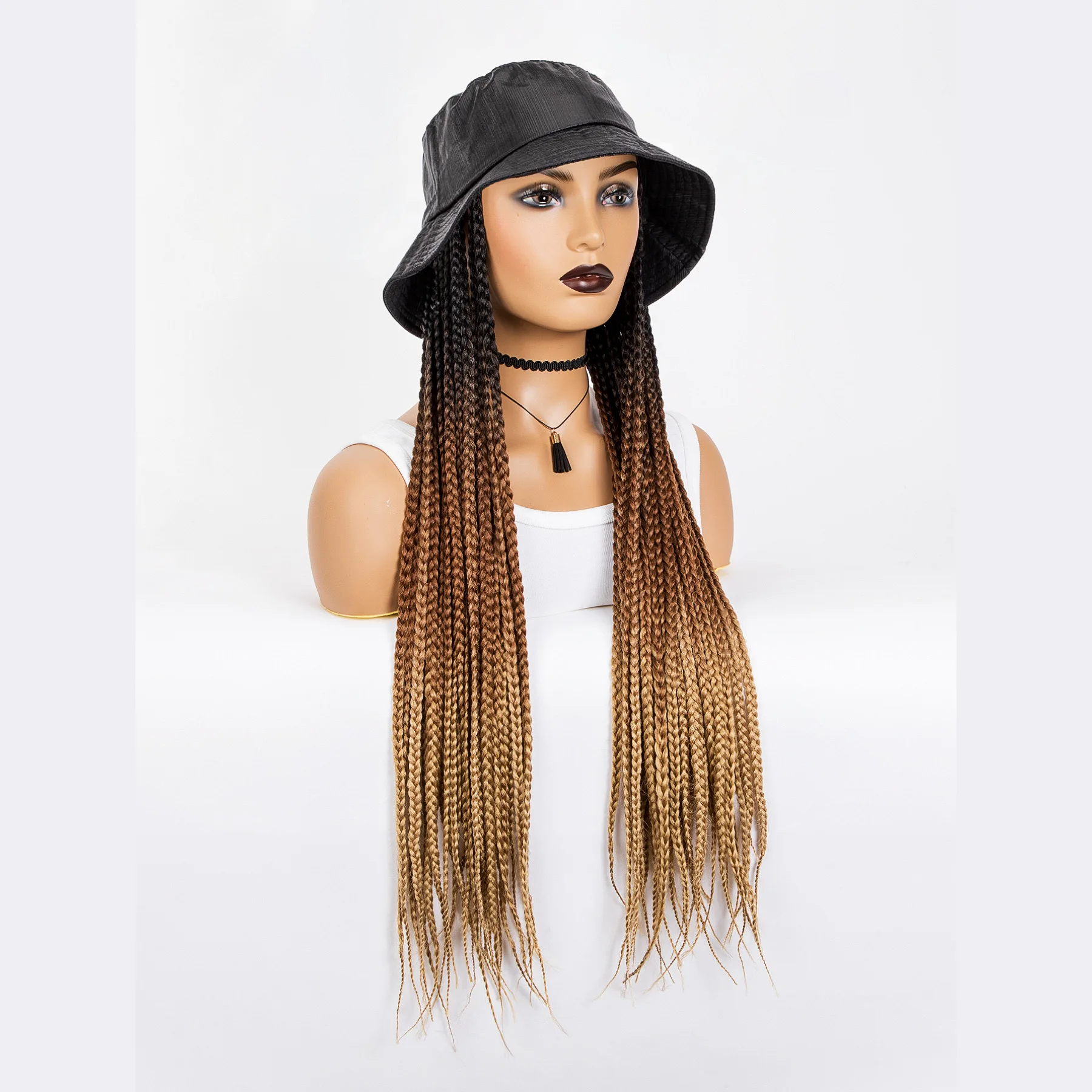 WIGERA Long 24“ Ombre Black Light Brown Box Braided Synthetic With Cap Braiding Braids With Hair Extensions With Bucket Hat Wigs