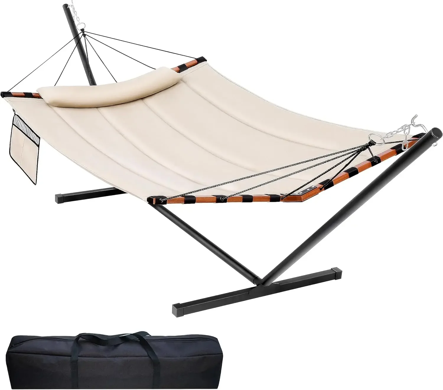 12FT 2 Person Hammock with Stand Included 55 x 79IN Large Hammock 450LB Capacity with Hardwood Spreader Bar & Nylon Rope