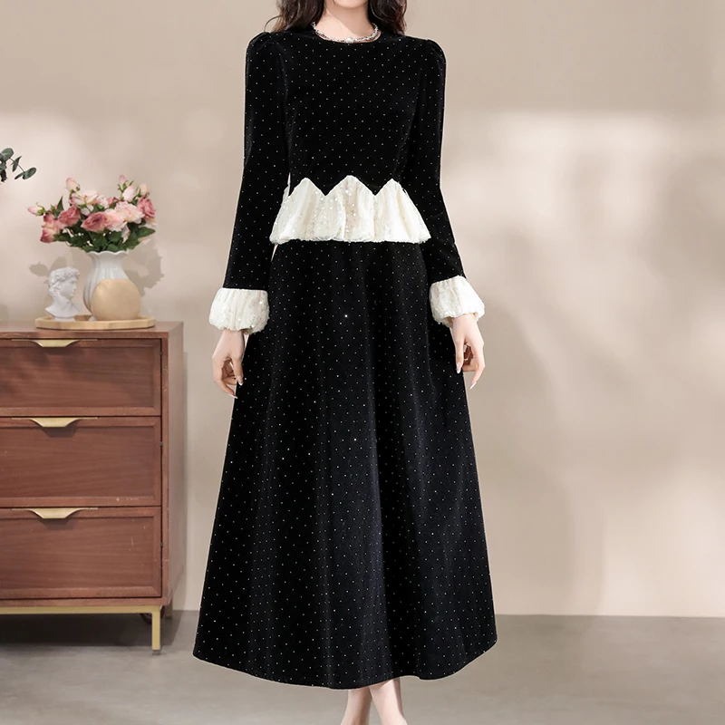 

Элегантное модное черное платье со стразами в корейском стиле, лоскутное длинное платье с длинными рукавами, торжественное вечернее платье с высокой талией, Vestido Mujer