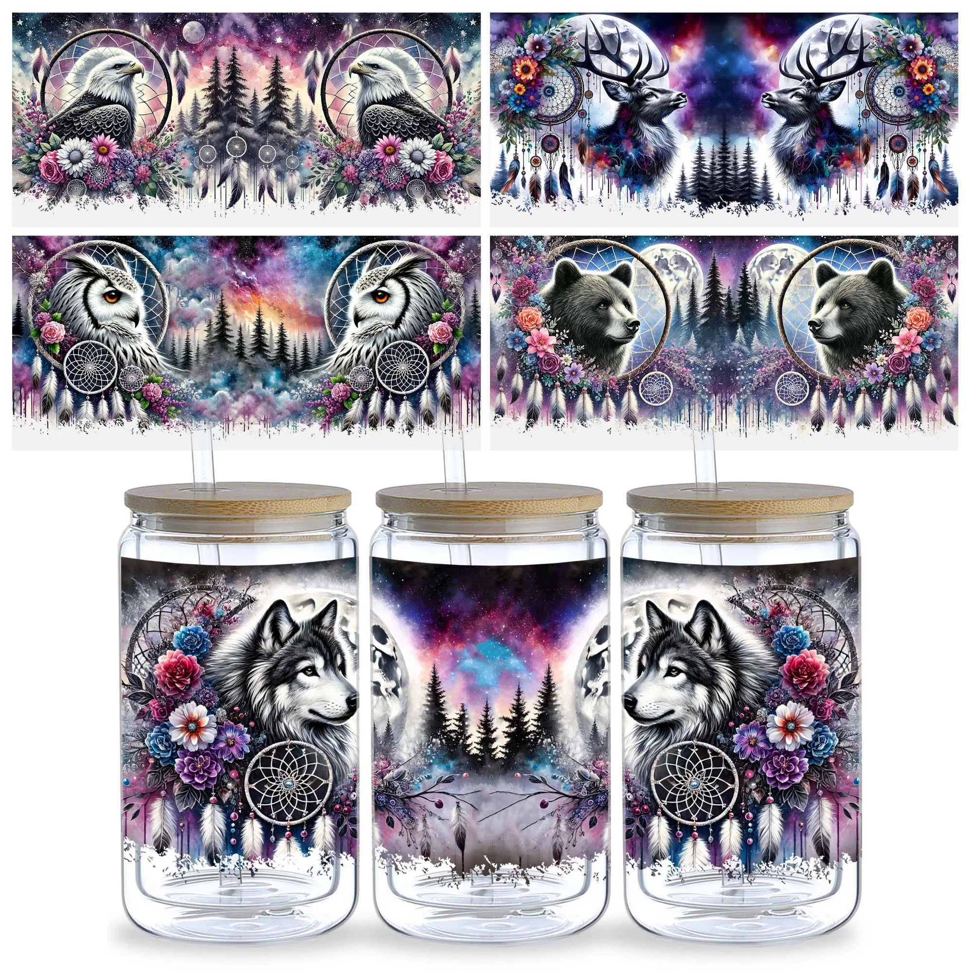 5 Sheets Animal DreamCatcher UV DTF Tumbler Wrap Transfer Stickers,  Waterproof Wipe Off Transfer Stickers for 16 Ounces Glass