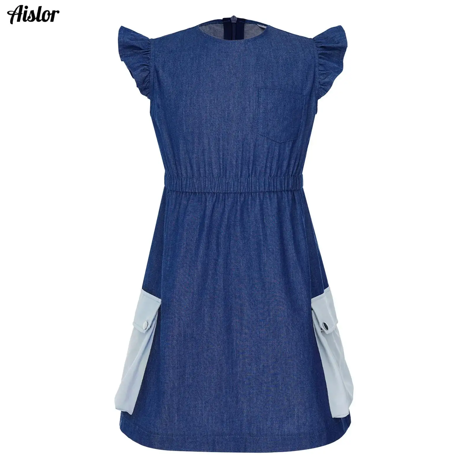 

Girls Denim Dress Contrasted Pockets Summer Baby Girls Dresses Ruffle Flying Sleeve Elastic Waistband Casual Dress