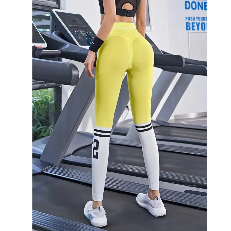 Ladies Yoga Pants Striped Letters Seamless Legs Tie Peach Hip Yoga Pants Sports High Waist Full Length Fitness Leggings Fitness