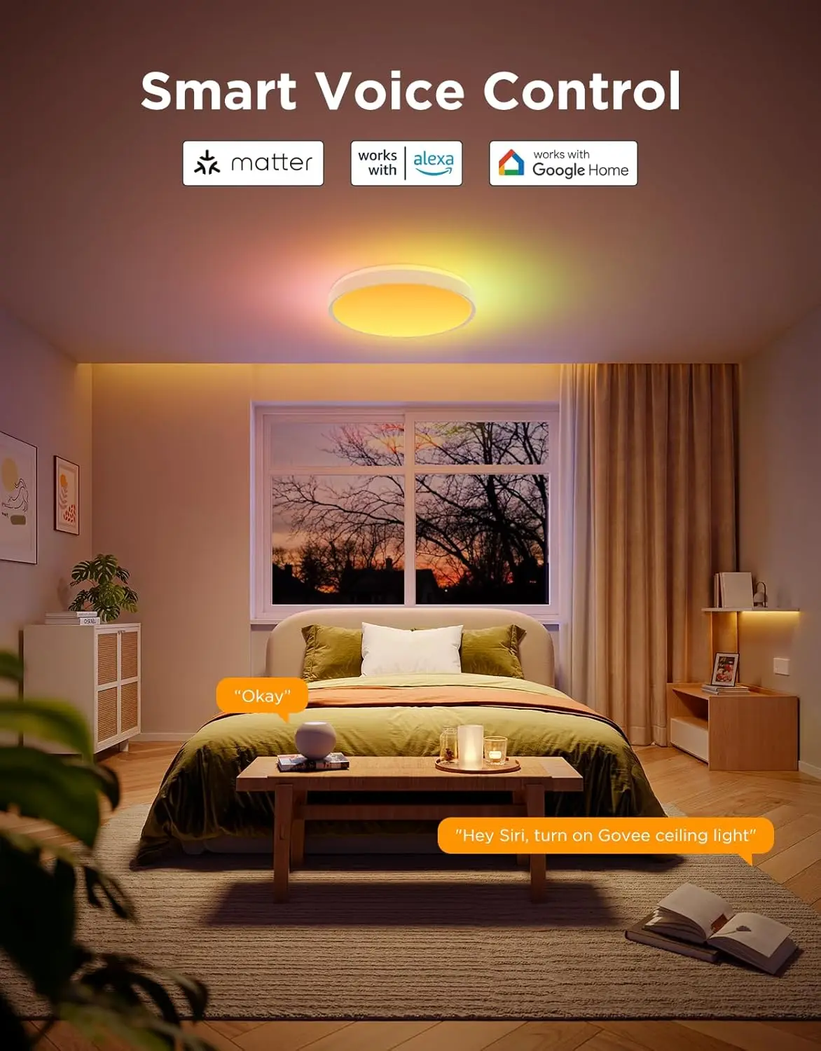 Luz de Teto Inteligente RGBIC 4300LM, Funciona com Alexa e Matter, Regulável para Quarto e Sala de Estar, 15 Polegadas