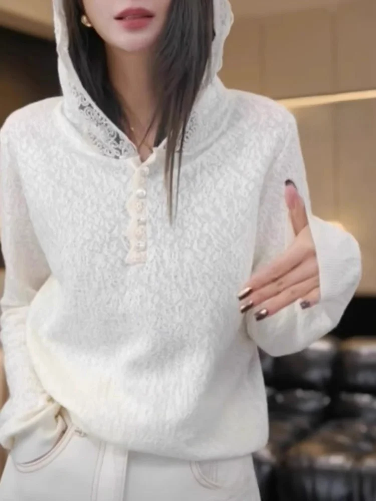Top lavorato a maglia con design a giunture in pizzo con cappuccio Dimagrante Versatile Faion Long Sve Capispalla coreano Sle Loose Fit Regular Sve