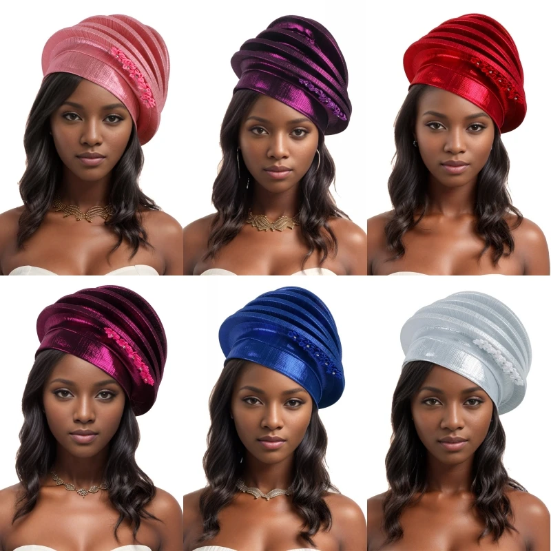 Women Wrap Hair Turban Cap Fashion African Hat Muslim Multilayer Dome Cap Flower Beret Party Nigeria Wedding Auto Gele Headwear