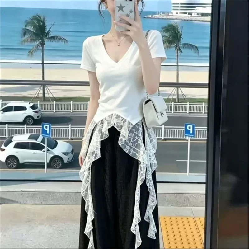 Irregular Lace T-shirt Ladies Tees Tops Splicing V-neck short-sleeved Blous Hot Girl Ribbon Streetwear Women's T-shirt