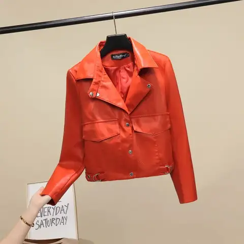 Orange Röd Kort Läderkappa Dam 2024 Ny Mode Dam Motorcykeljacka Vår Höst Lyxig Slagjacka PU Läder Ytterkläder 10 best sales orange jacka för kvinnor - №7
