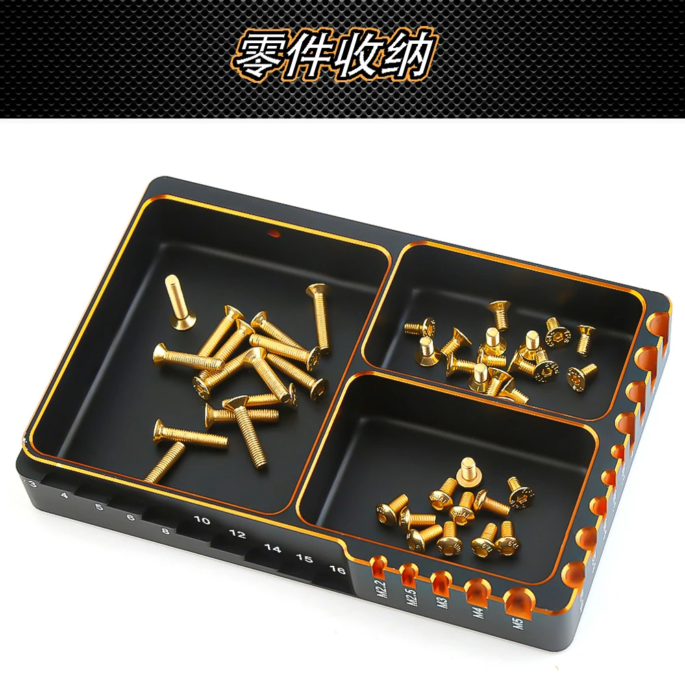 Multifunctionele schroefbakmoerpakking Opslaggereedschap Aluminiumlegering Schroeflengte Maat Meetplaat voor RC Auto Boot Vliegtuig