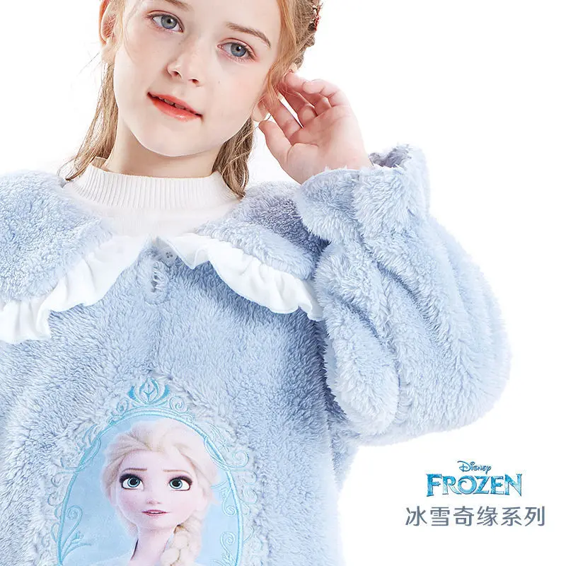 Disney Frozen Girls Kawaii Pajamas Set Elsa Flannel Children\'s Thickened Autumn and Winter New Quick Warm Princess Home Clothes