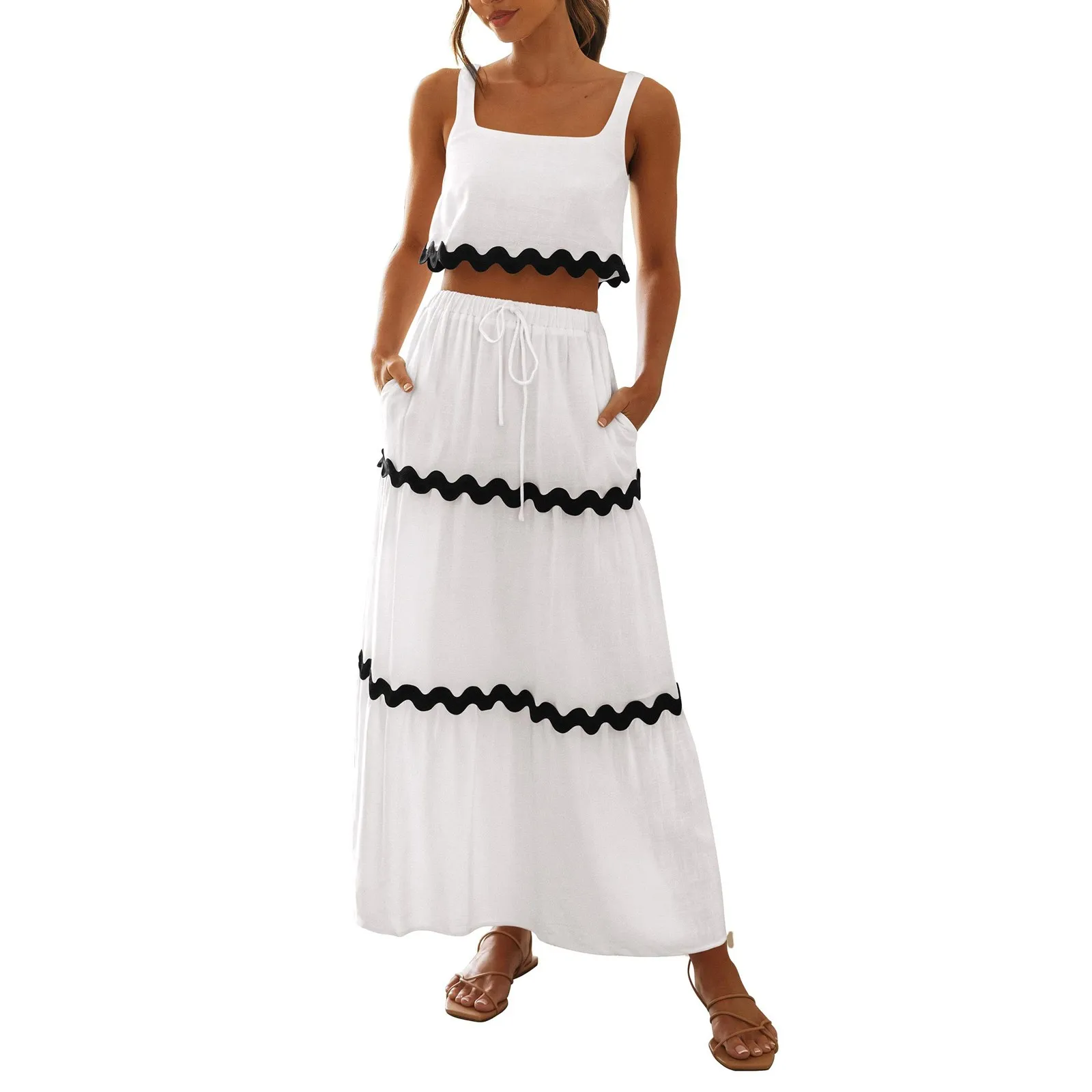 Sexy Striped Two-piece Set For Women Casual Vacation Maxi A-line Skirt Beach Dress Female Sleeveless Short Top Long Skirt Suit