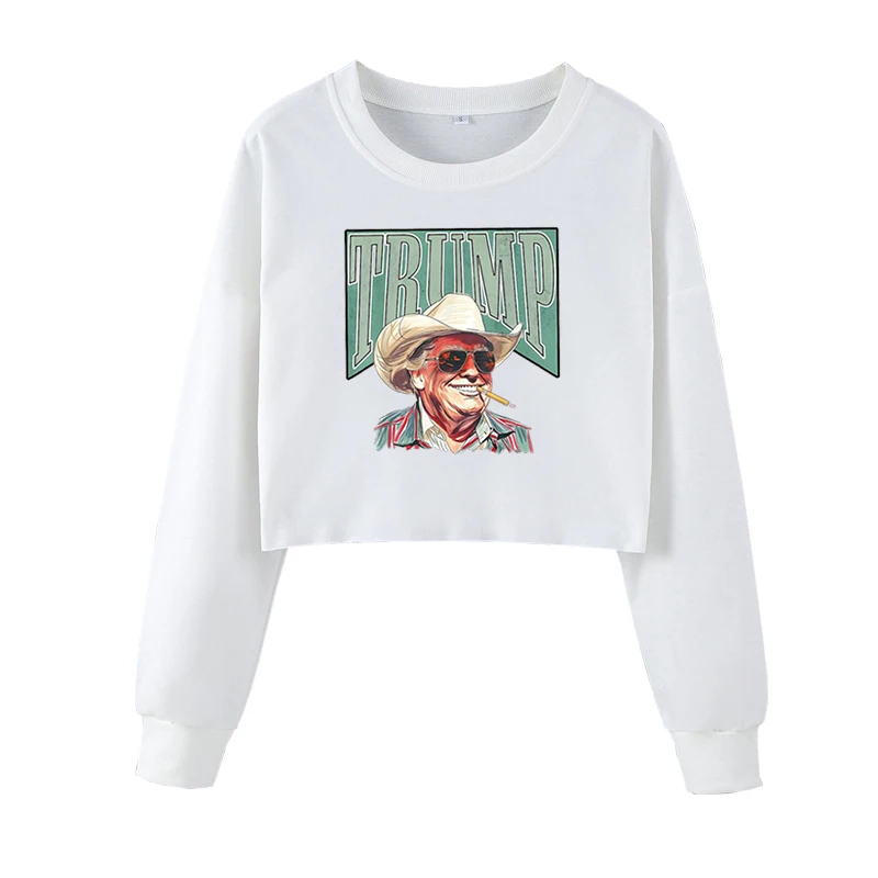 Western Cowboy Trump Cropped Pullover Alphabet Pattern Funny Cartoon Style Sweatshirts Women Autumn Clothing