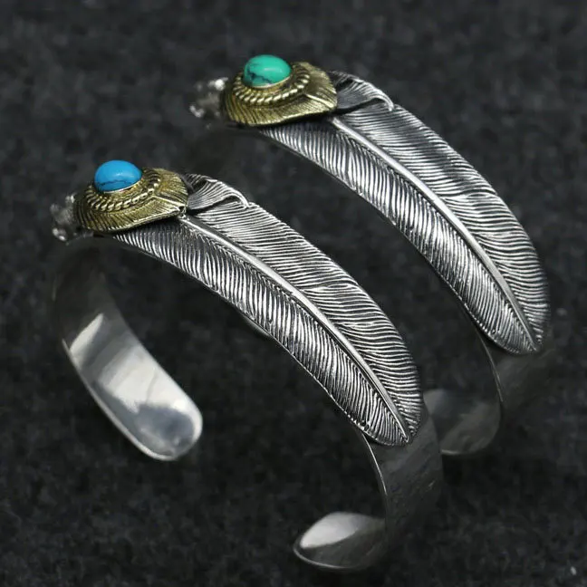 Handmade Original Design 925 Sterling Silver Bracelet Female Thai Silver Retro Personality Male Takahashi Wulang Turquoise Feath