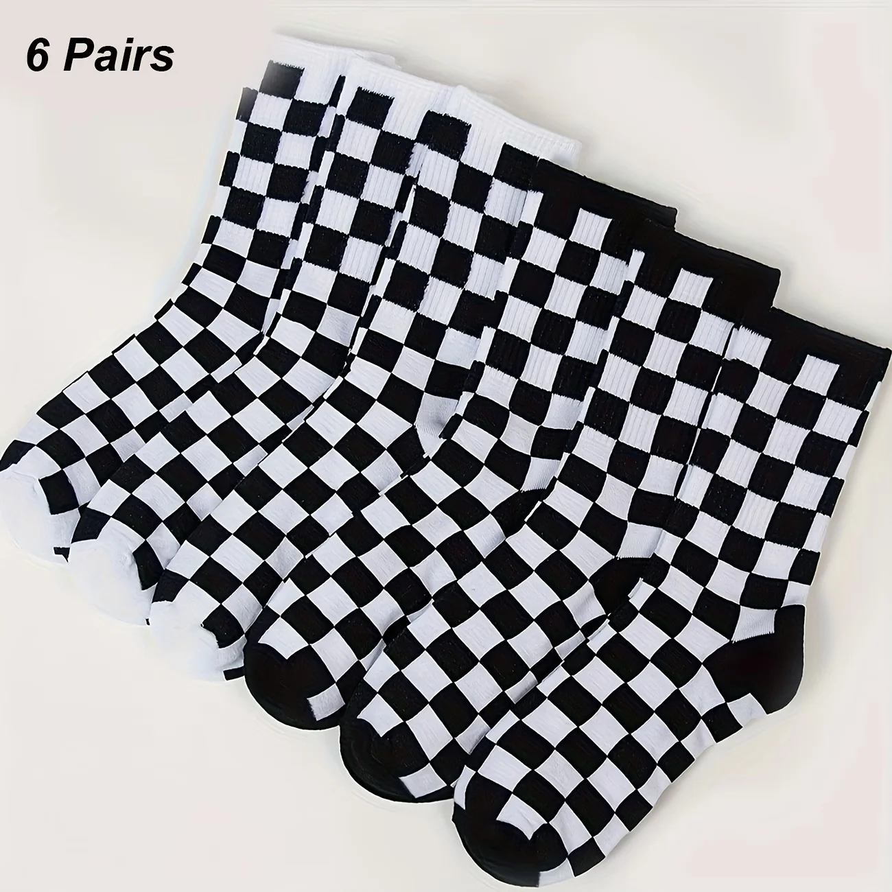 6Pairs of Fashionable Harajuku Style Women's Round Neck Socks With Black and White Checkered Pattern Daily Casual Mid Tube Socks