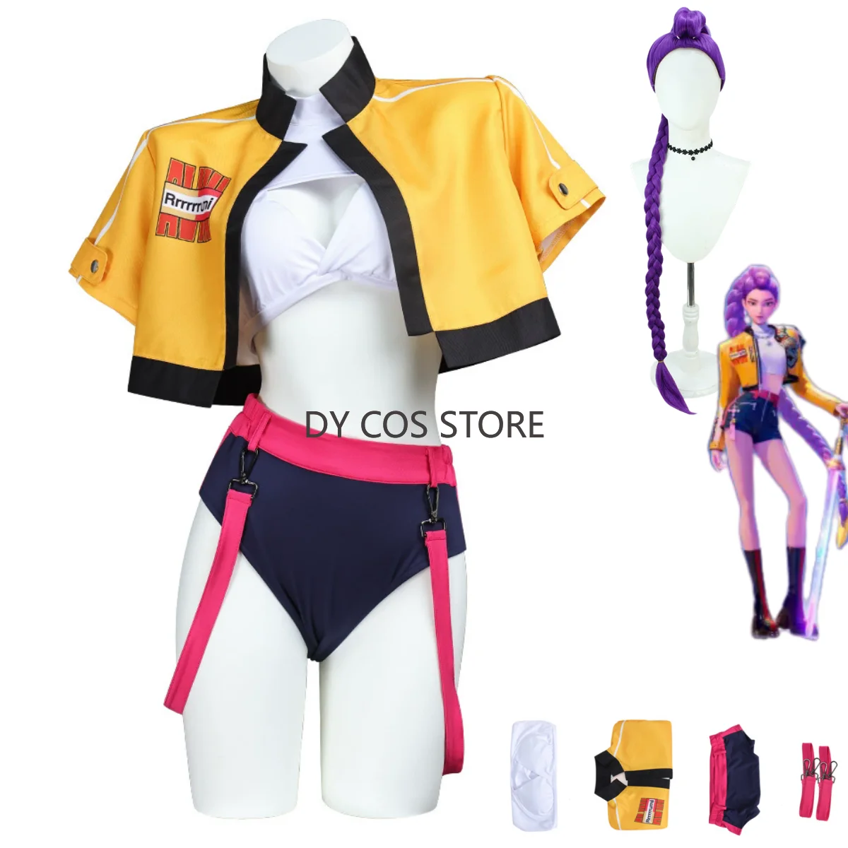 

Anime KPop Demon Hunters Rumi‌ Cosplay Costume Yellow Coat Uniform Swimsuit Shorts Wig Woman Sexy Carnival Bikini Suit