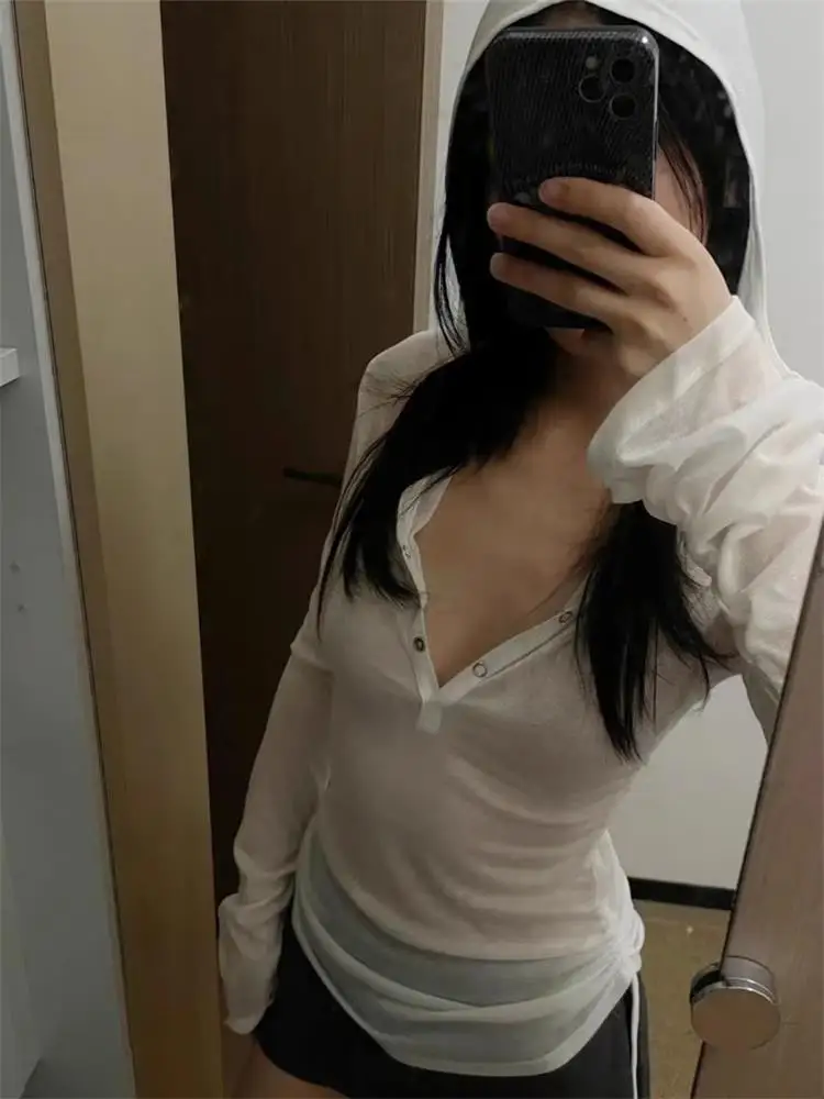 Camiseta con Capucha para Mujer, Ropa de Manga Larga Transparente, Estilo Años 2000, Camiseta Y2K, Top Chic Coreano para Primavera/Verano