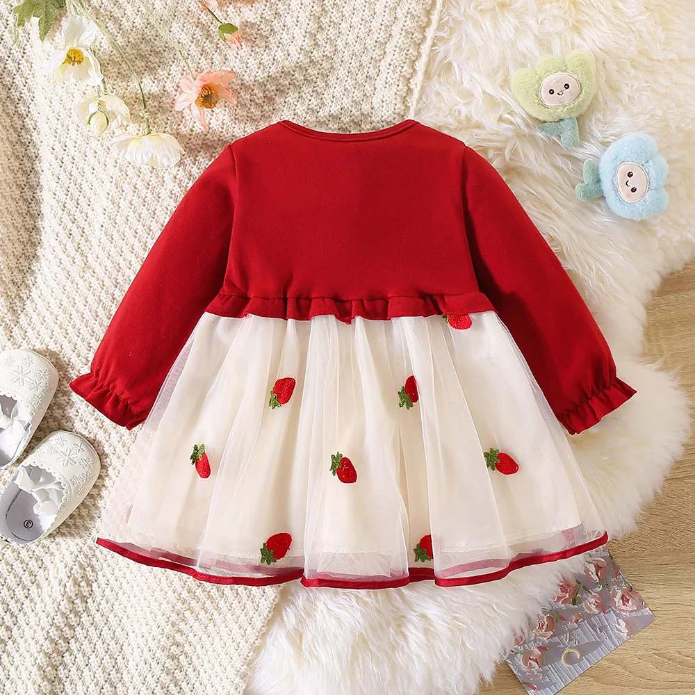 Fall New Girls Dress Long Sleeve Round Neck Flower Decorative Mesh Strawberry Embroidery A-line Dress Sweet Princess Dress