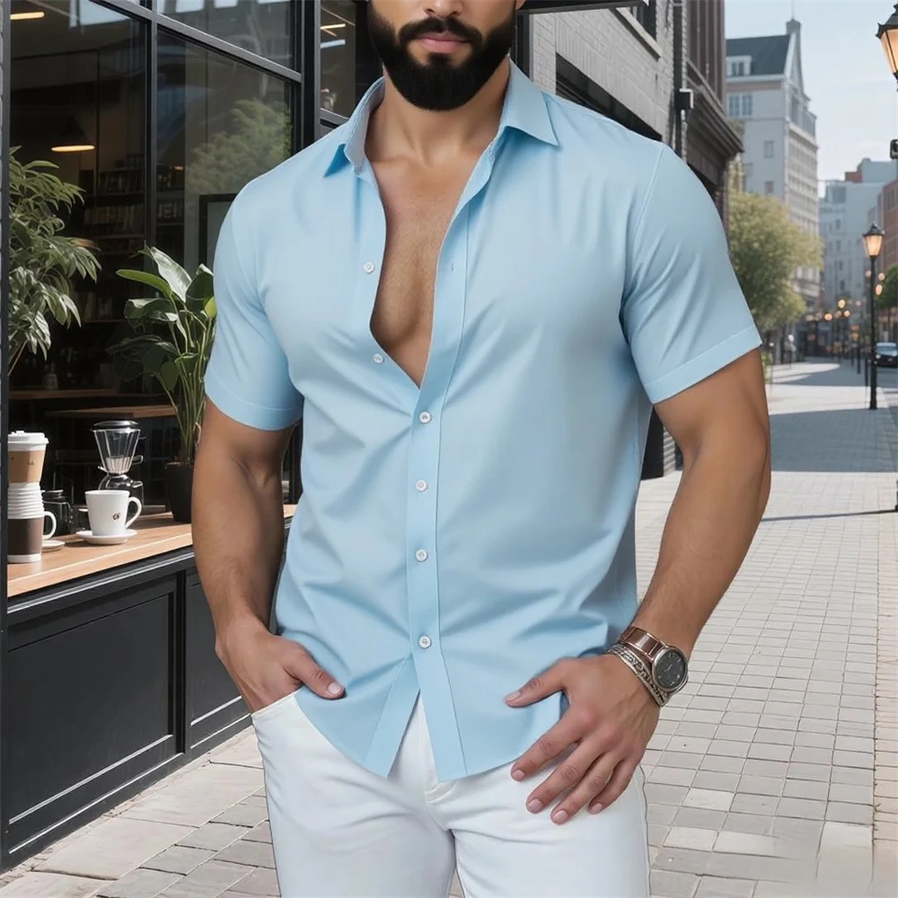 

15 color men's shirt solid color short sleeved casual and comfortable summer vacation short sleeved shirt big size XS-5XL