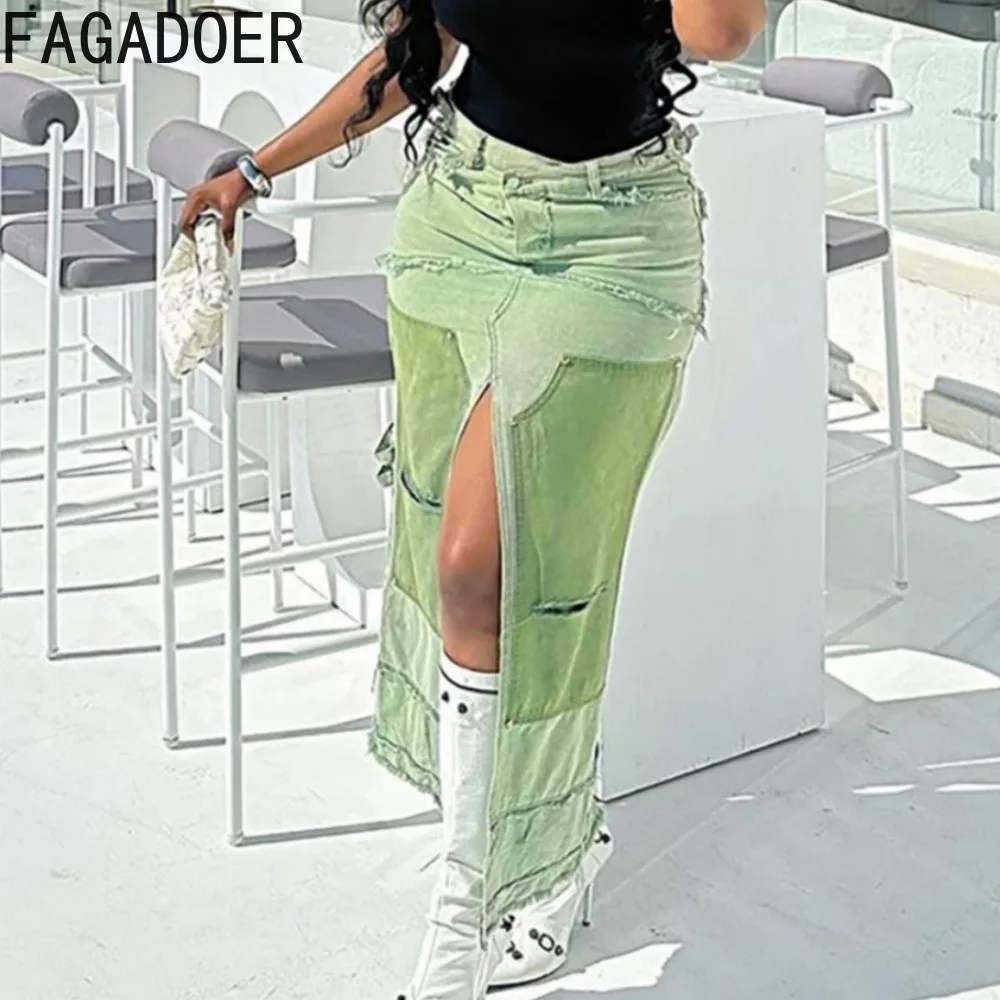 

FAGADOER Green Fashion Streetwear Women High Waisted Button Slit Denim Mid Skirts Autumn Casual Female Patchwork Cowboy Bottoms