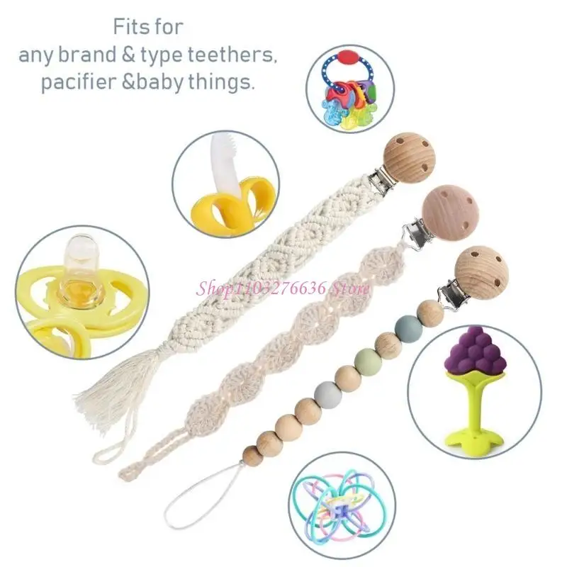 

R6FD Baby Pacifier Clip Crochet & Silicone Bead Pacifier Chain Dummy Clip Anti-drop Nipple Holder Teether Soother Clip Set
