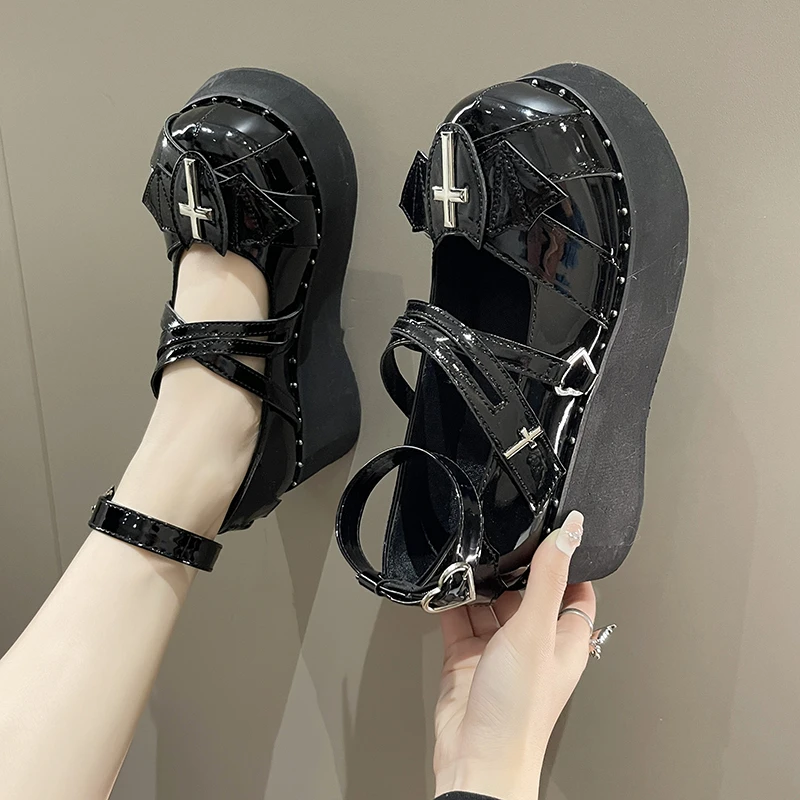 Women\'s Gothic Mary Jane Shoes Metal Decoration Punk Lolita Platform Shoes Woman Cross Tied Wedges Y2K Pumps College Style