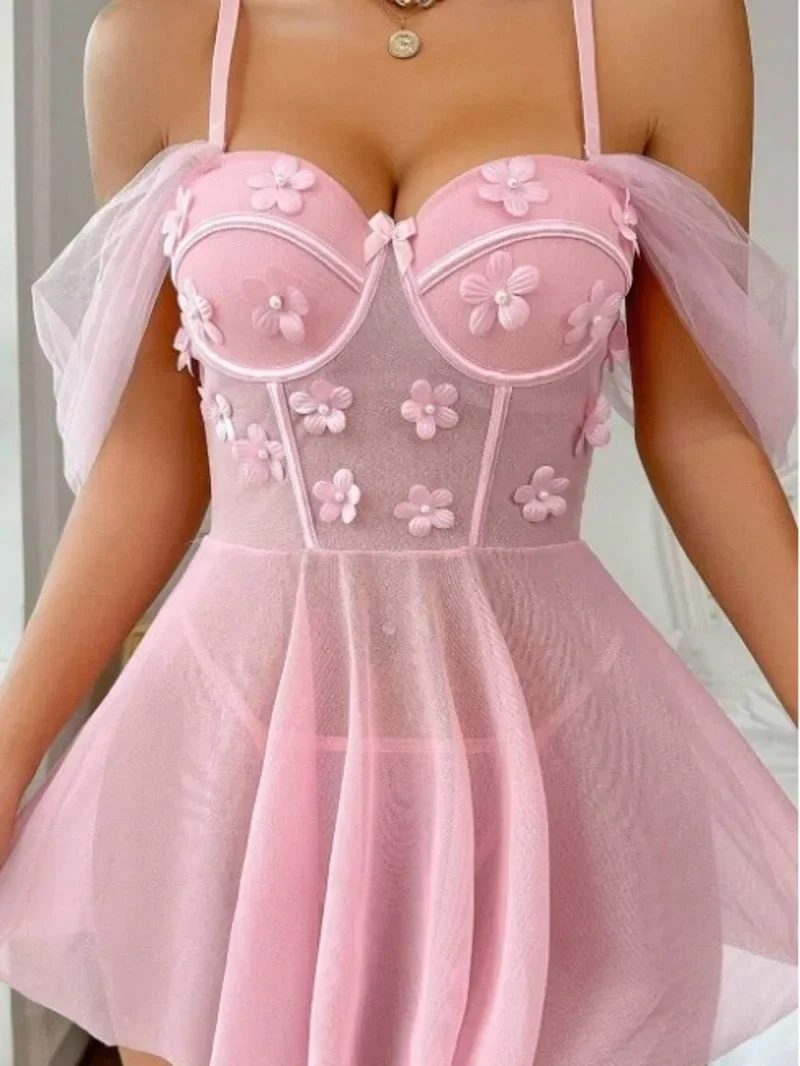 

Sexy Transparent Flower Embroidery Solid Color Lace Mesh Dress Backless Deep V Suspenders Sleeveless Dress Elegant Charming SK8M