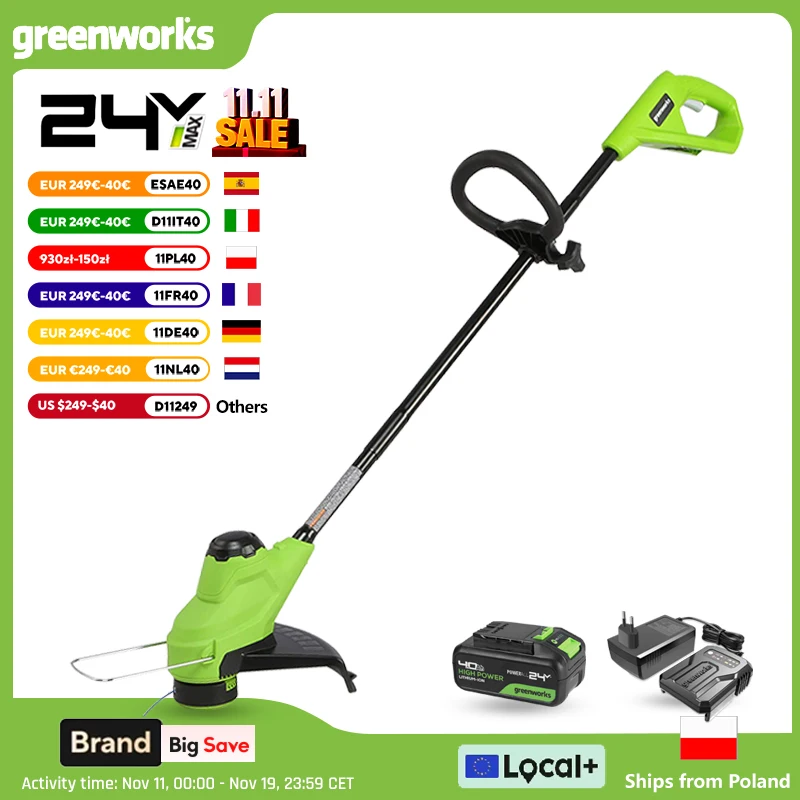 Coupe gazon Greenworks 24V 10" sans fil TORQDRIVE ™ Taille-bordures avec batterie 4ah et chargeur Outils compacts et légers