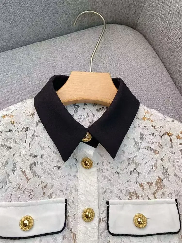 Women's Lace Lapel Dress Short Sleeve Single Breasted Pocket Decorated Mini Dress