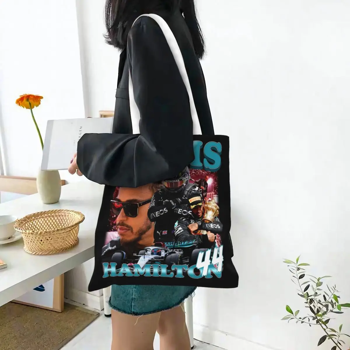 Lewis Hamilton 44 Canvas Tote Handbag F1 Racing Driver Grocery Bags Shopping Bags for Women