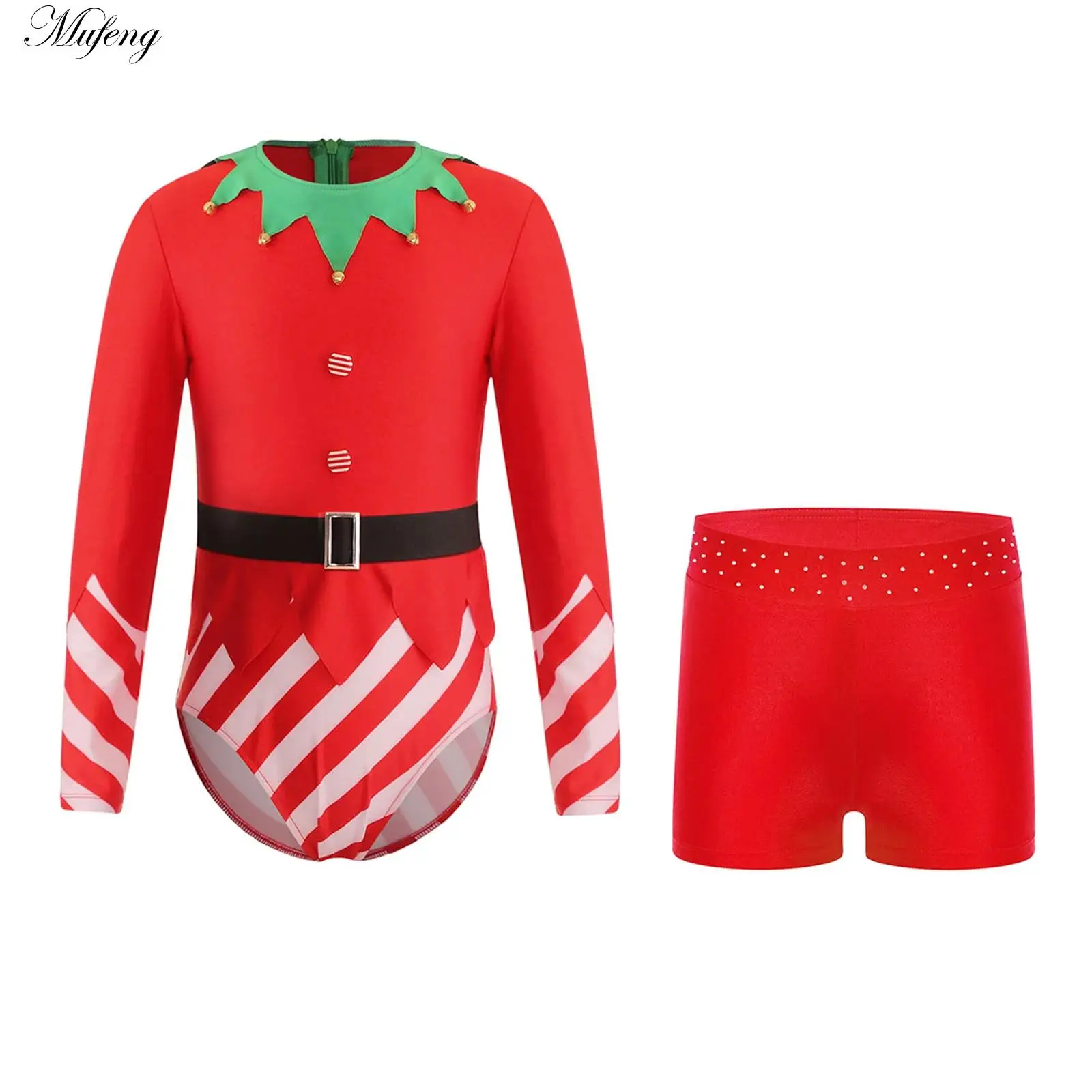 Girls Christmas Elf Costume Gymnastics Leotard Unitard Long Sleeve Striped Bodysuit Belt Rhinestones Shorts Santa Cosplay Suit