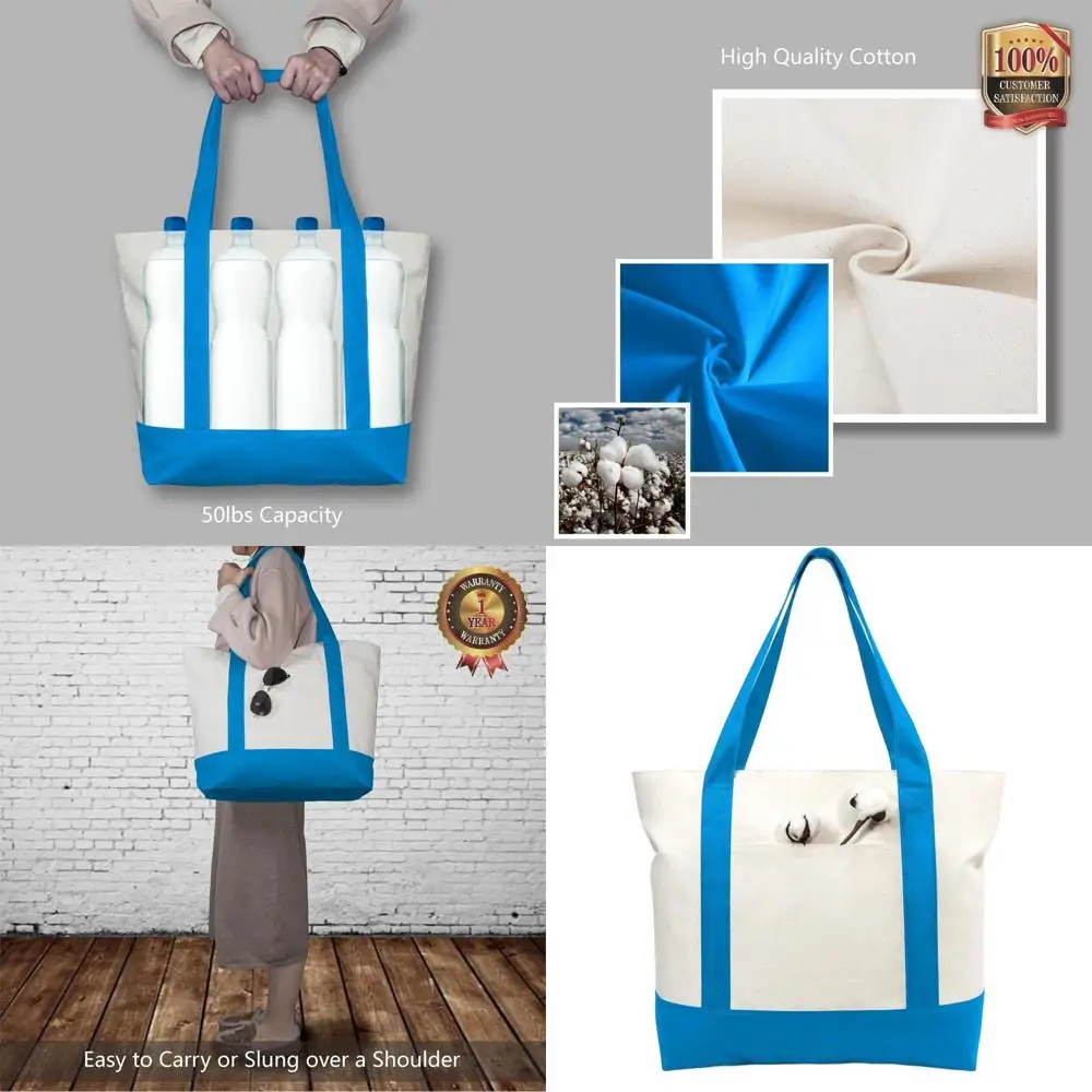 

Набор из 6 холщовых сумок-тоутов с внешним карманом, многоразовые сумки для продуктов, с верхней застежкой-молнией, для повседневных нужд (океанский синий/натуральный)