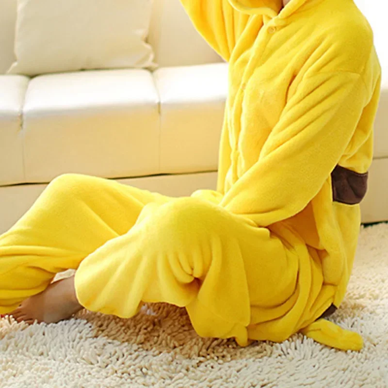 Pokemon Anime Pikachu Plush Flannel Pajamas Women One-piece Suit Long-sleeved Winter Soft Warm Men Casual Home Clothes - Image 3