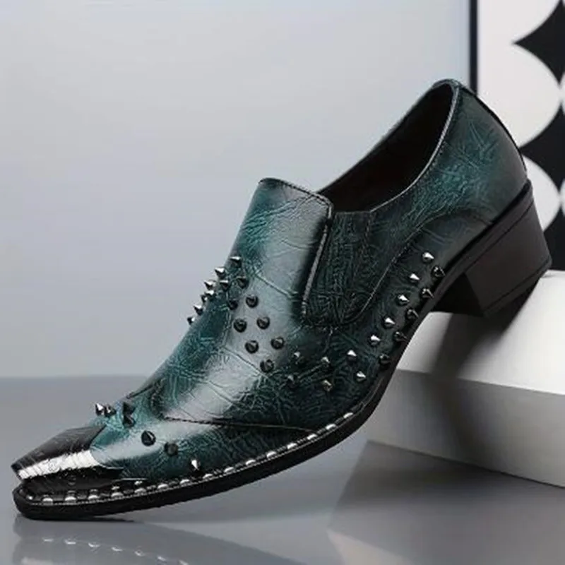 New Arrival Fashionable Studded Pointed-Toe Mens 2027 Leather Shoes British Metal-Toe Style Trendy Business&Unique Formal Footwe