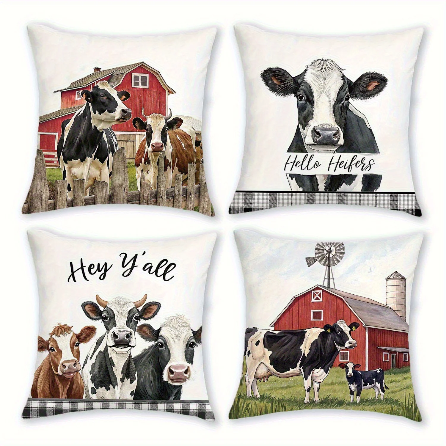 Juego de 4 Fundas de Almohada con Diseño de Vaca, Fundas Decorativas con Estampado de Vaca Holstein y Granja Roja, Fundas de Cojín Rústicas para Decoración del Hogar